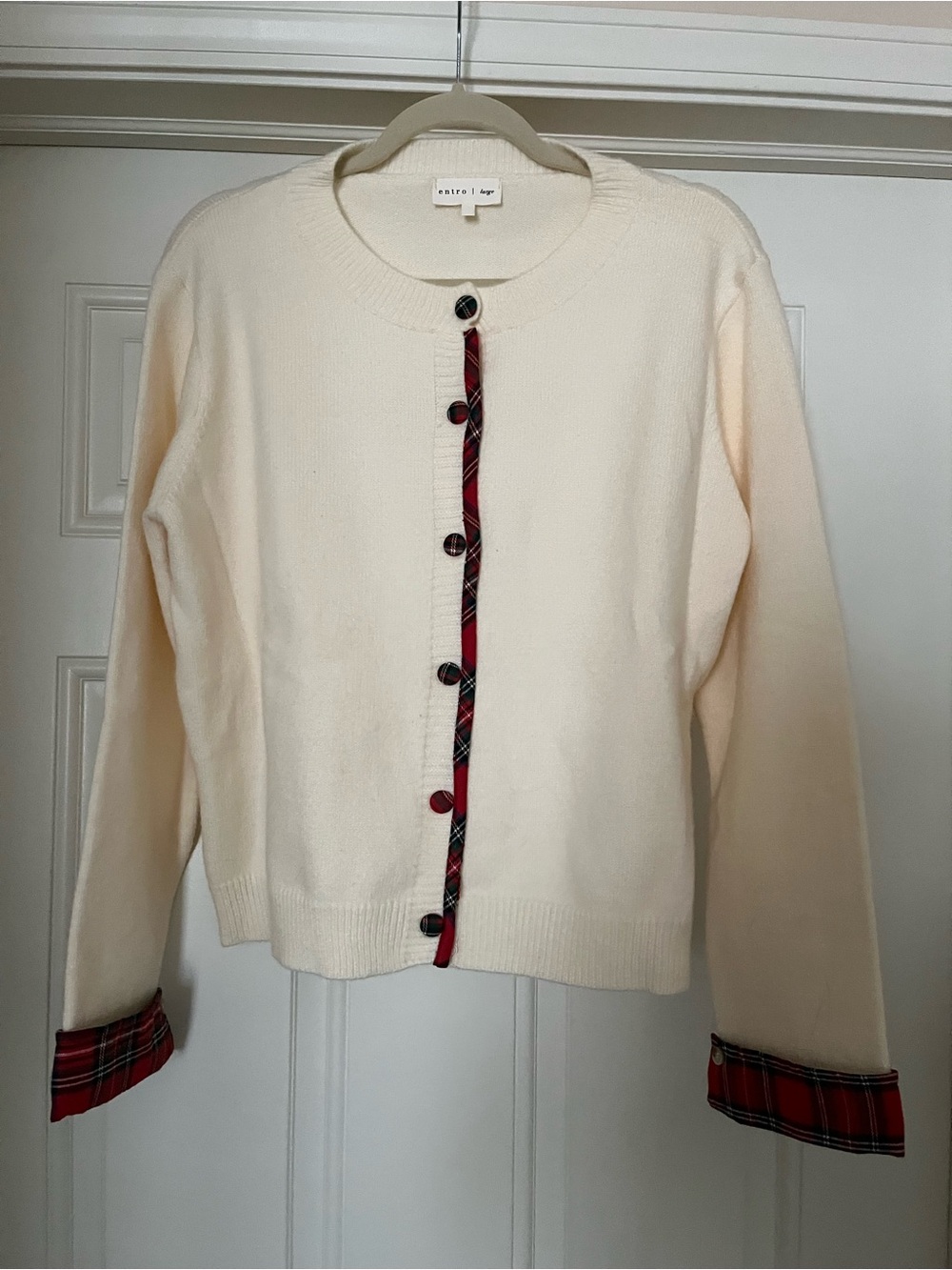 entro Cream Cardigan with Red Plaid Trim